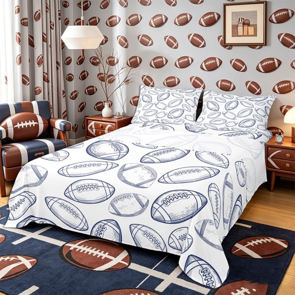 Castle Fairy Sport Football Bed Sheets 4-Piece, Ball Game Full Size Sheets, White Navy,1 Fitted Sheet, 1 Flat Sheet and 2 Pillowcases