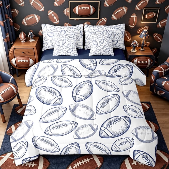 Castle Fairy Sport Football King Bedding 7pcs, Ball Game King Bed in a Bag, White Navy,Navy Blue Reversible
