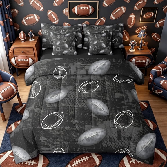 Castle Fairy Sport Football Print Queen Bedding 7pcs, Vintage Ball Pattern Bedding Comforter Set Queen, Black Grey White,Black Reversible