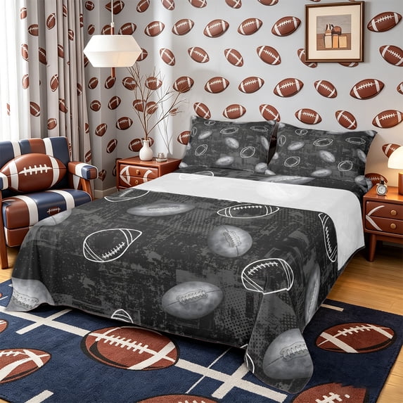 Castle Fairy Sport Football Print Queen Sheets 4 Pieces, Vintage Ball Pattern Queen Sheet Sets, Black Grey White,1 Fitted Sheet, 1 Flat Sheet and 2 Pillowcases