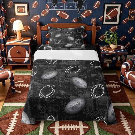 Castle Fairy Sport Football Print Twin Sheets 3pcs, Vintage Ball Pattern Bedding, Black Grey White,1 Fitted Sheet, 1 Flat Sheet and 1 Pillowcase