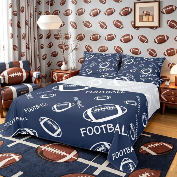 Castle Fairy Sport Football Queen Sheets 4 Pieces, Minimalist Ball Rugby Queen Sheet Sets, Navy Blue,1 Fitted Sheet, 1 Flat Sheet and 2 Pillowcases