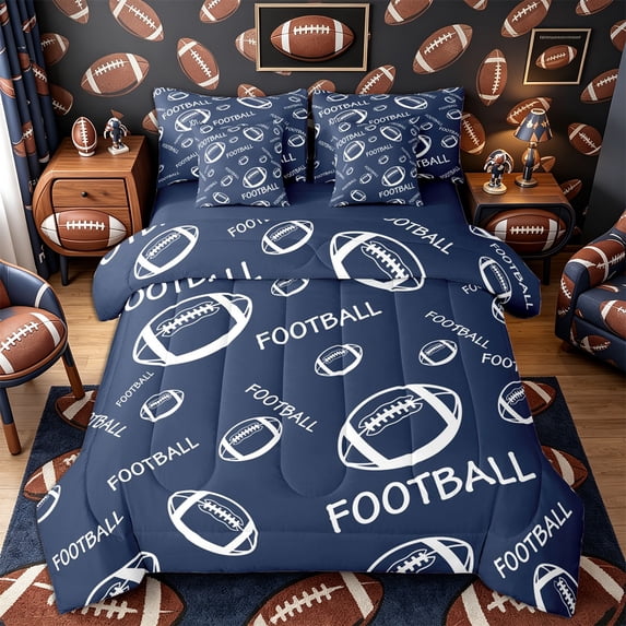 Castle Fairy Sport Football Twin Bedding 7-Piece, Minimalist Ball Rugby Bedding Comforter Set, Navy Blue,Navy Blue Reversible