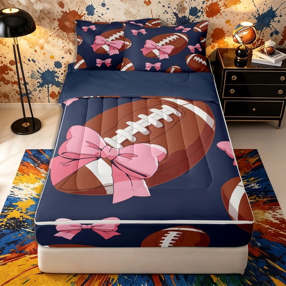 Castle Fairy Sport Football Zipper Full Size Comforter Sets with Fitted Sheet and 2 Pillowcases, Kawaii Bow Zipper Bedding Set, White Red Blue,4pcs,Navy Blue Reversible