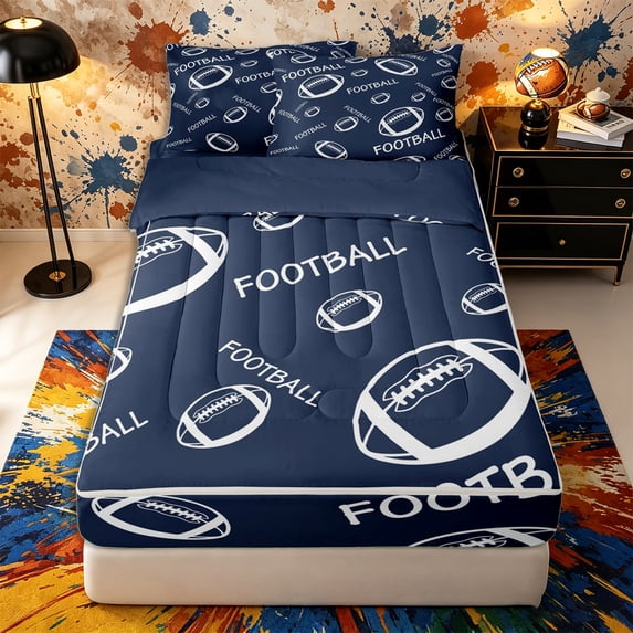 Castle Fairy Sport Football Zipper Full Size Comforter Sets with Fitted Sheet and 2 Pillowcases, Minimalist Ball Rugby Zipper Bedding Set, Navy Blue,4pcs,Navy Blue Reversible
