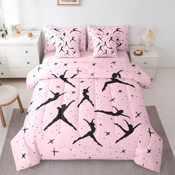 Castle Fairy Sport Gymnastics Girl Twin Bedding Sets 7-Piece for Teens,Girly Dance Theme Bedding Comforter Set Microfiber,Stars Polka Dots Breathable Sheet Sets,Ultra Soft Home Decor,Reversible