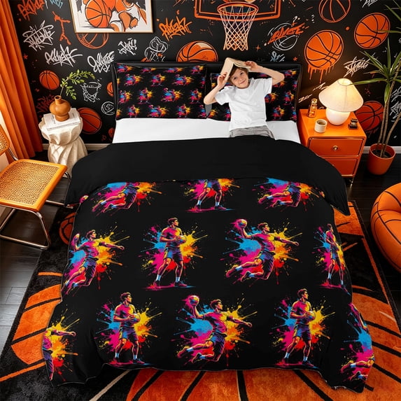 Castle Fairy Sport Handball Duvet Cover King, Ball Gamer Splash King Bedding, Black Pink Orange,Black Reversible,3 Pieces,1 Duvet Cover and 2 Pillowcases