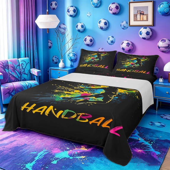 Castle Fairy Sport Handball Queen Sheets 4 Pieces, Watercolor Splash Queen Sheet Sets,1 Fitted Sheet, 1 Flat Sheet and 2 Pillowcases
