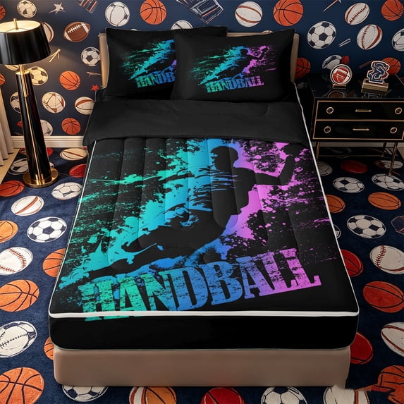 Castle Fairy Sport Handball Zipper Twin Comforter Sets with Fitted Sheet and 2 Pillowcases, Gradient Graffiti Splash Zipper Bedding Set, Black Teal Pink,4-Piece,Black Reversible