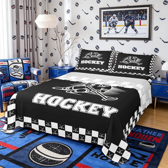 Castle Fairy Sport Hockey Gamer Bed Sheets 4-Piece, Geometric Checkered Pattern Full Size Sheets, Black White,1 Fitted Sheet, 1 Flat Sheet and 2 Pillowcases
