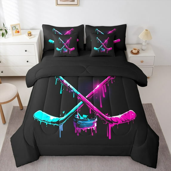 Castle Fairy Sport Ice Hockey 7 Pieces Bedding Comforter Set for Teens Women Men,Ball Gamer Full Bedding Set Lightweight,Graffiti Splash Fitted Sheet Flat Sheet,Breathable Home Decor