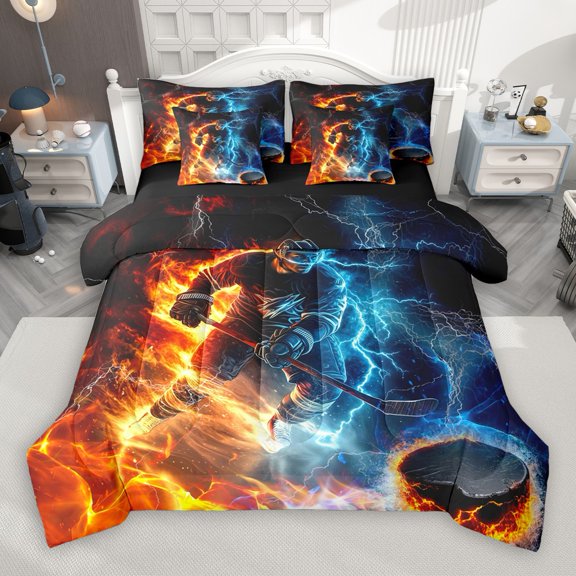 Castle Fairy Sport Ice Hockey 7Pcs Bedding Comforter Set for Teens Boys Girls,Ball Gamer Queen Bedding Sets Super Cozy,Abstract Lightning Queen Sheet Sets,Breathable Home Decor