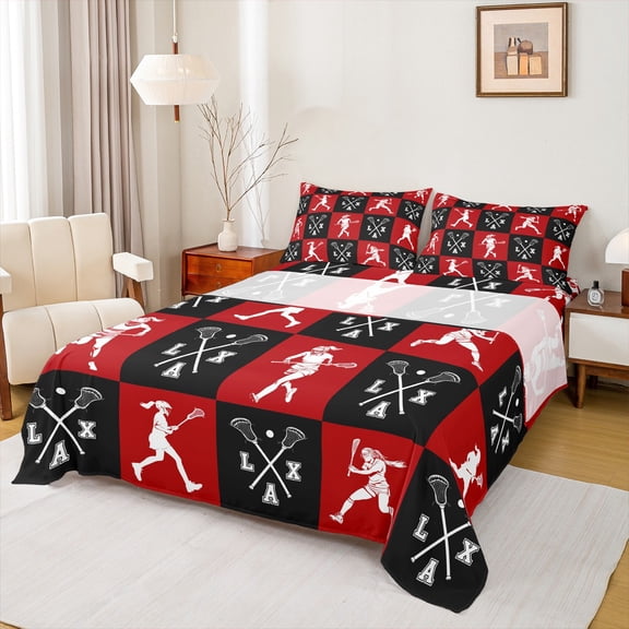 Castle Fairy Sport Lacrosse 4-Piece Full Size Sheets for Teens,Black Red Bed Sheets,Geometric Plaid Lightweight Sheet Sets,Luxury Bedroom Decor