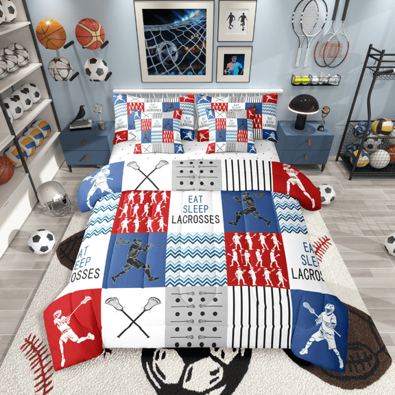 Castle Fairy Sport Lacrosse 7-Piece Twin Bedding Sets for Teens,Blue Red Bedding Comforter Set,Geometric Plaid Breathable Sheet Sets,Luxury Bedroom Decor