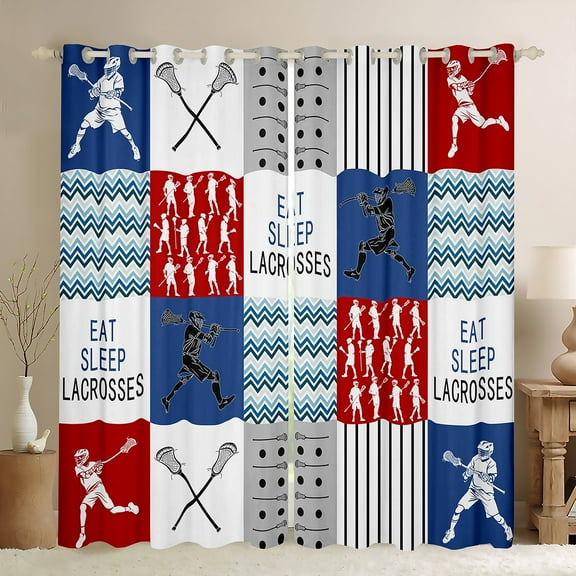 Castle Fairy Sport Lacrosse Black Out Curtains for Teens,Blue Red Curtains Pack of 2 (42x63 Each),Geometric Plaid Bedroom Curtains,Luxury Bedroom Decor