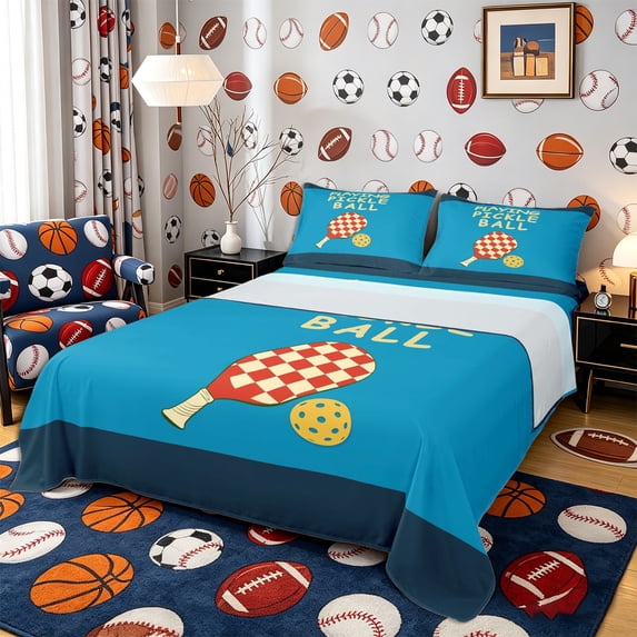 Castle Fairy Sport Pickleball Bed Sheets 4-Piece, Checkered Paddle Pattern Full Size Sheets, Blue Red,1 Fitted Sheet, 1 Flat Sheet and 2 Pillowcases