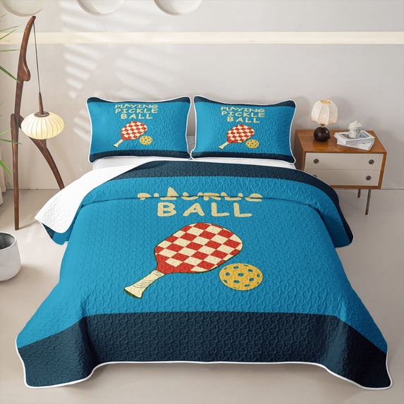 Castle Fairy Sport Pickleball Twin Quilt Set,Checkered Paddle Pattern Twin Coverlet Set,Blue Red