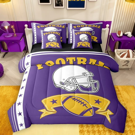 Castle Fairy Sport Rugby Football Bedding Comforter Set 7 Pieces for Female Men Adults,Ball Gamer Full Bedding Set Lightweight,Purple Yellow Fitted Sheet Flat Sheet,Ultra Soft Home Decor,Reversible