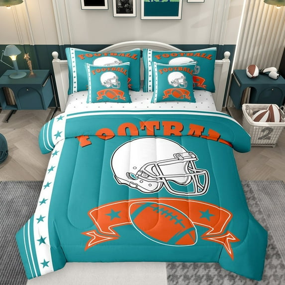 Castle Fairy Sport Rugby Football Twin Bedding Sets 7-Piece for Female Men Adults,Ball Gamer Bedding Comforter Set Microfiber,Teal Orange Breathable Sheet Sets,Ultra Soft Home Decor,Reversible