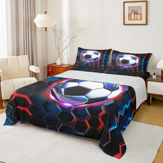 Castle Fairy Sport Soccer 4-Piece Full Size Sheets,Geometric Honeycomb Bed Sheets,Ball Gamer Lightweight Sheet Sets,Breathable Abstract Home Decor