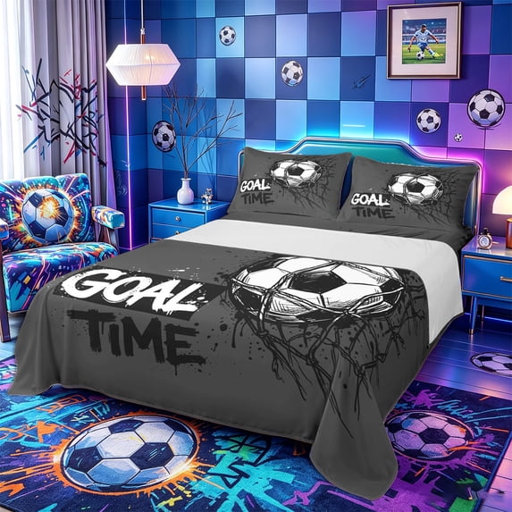 Castle Fairy Sport Soccer Bed Sheets 4-Piece,Goal Time Full Size Sheets,1 Fitted Sheet, 1 Flat Sheet and 2 Pillowcases