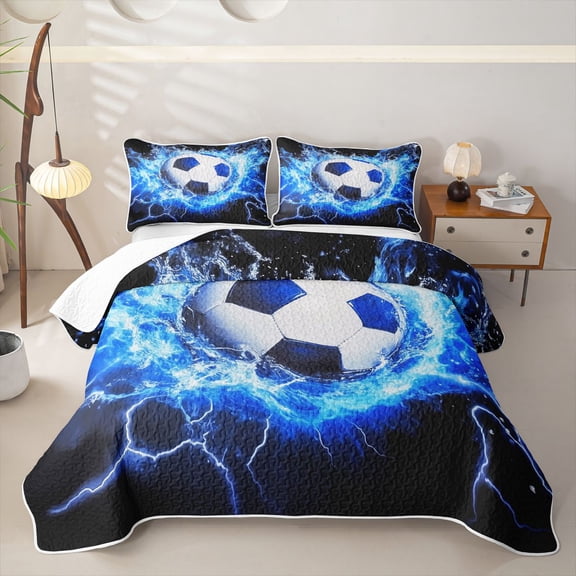 Castle Fairy Sport Soccer Bed Spread Queen,Abstract Lightning Queen Coverlet Set,Blue Black