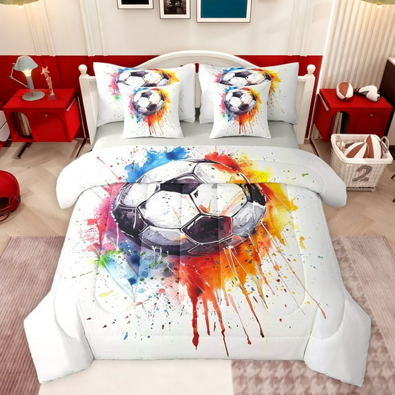 Castle Fairy Sport Soccer Bedding Comforter Set 7 Pieces for Kids Teens Adults,Football Ball Gamer Full Bedding Set Lightweight,Abstract Graffiti Splash Fitted Sheet Flat Sheet