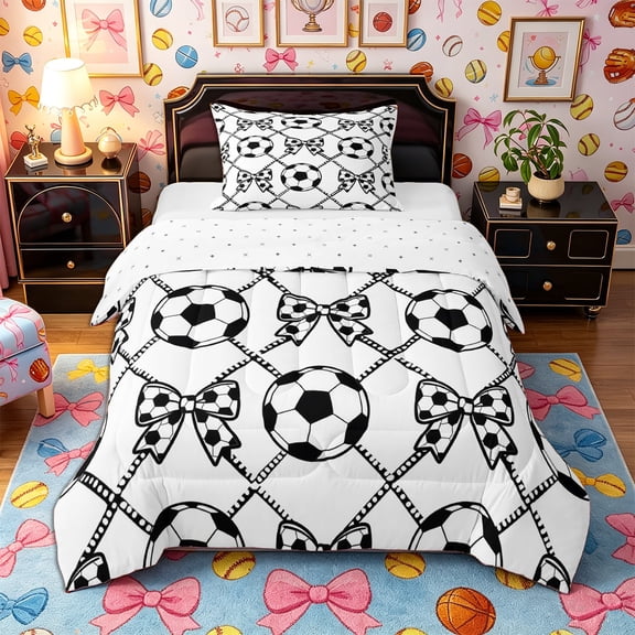 Castle Fairy Sport Soccer Bow Twin Comforter Sets 2pcs, Geometric Plaid Bedding Set, Black White,1 Comforter and 1 Pillowcase