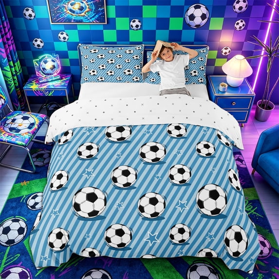 Castle Fairy Sport Soccer Duvet Cover Queen, Geometric Stripes Stars Pirnt Queen Bedding, Black White Blue,3-Piece,1 Duvet Cover and 2 Pillowcases