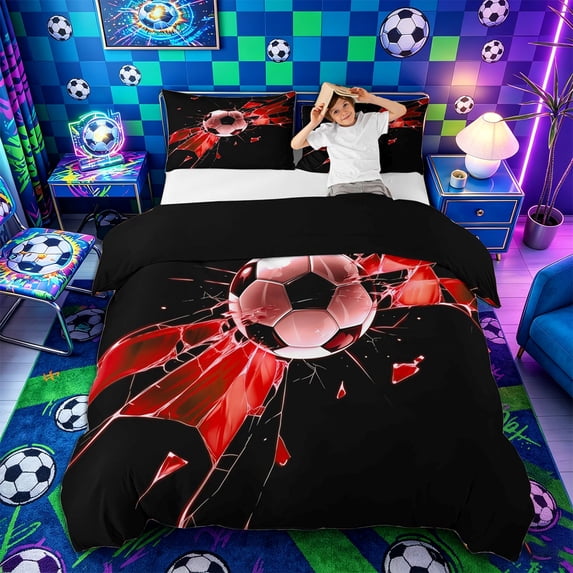 Castle Fairy Sport Soccer Duvet Cover Queen, Gradient Shattered Pattern Queen Bedding, Black Red White,Black Reversible,3-Piece,1 Duvet Cover and 2 Pillowcases