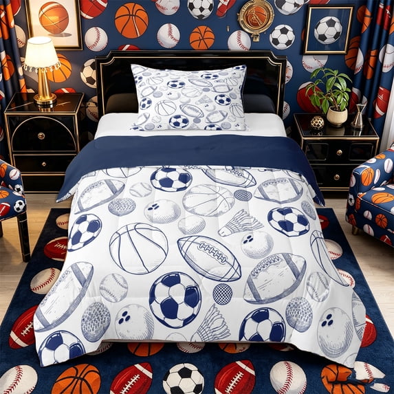 Castle Fairy Sport Soccer Football Basketball Twin Comforter Sets 2pcs, Vintage Ball Game Bedding Set, White Navy Blue,Navy Blue Reversible,1 Comforter and 1 Pillowcase