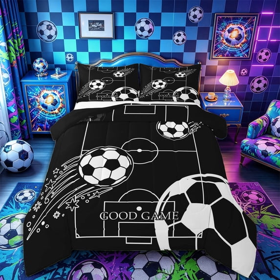Castle Fairy Sport Soccer Full Size Comforter Sets 3-Piece, Vintage Stars Print Bedding Comforter Set, Black White,Black Reversible,1 Comforter and 2 Pillowcases