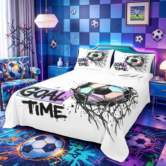 Castle Fairy Sport Soccer Graffiti King Sheets 4pcs,Goal Time Bedding,1 Fitted Sheet, 1 Flat Sheet and 2 Pillowcases