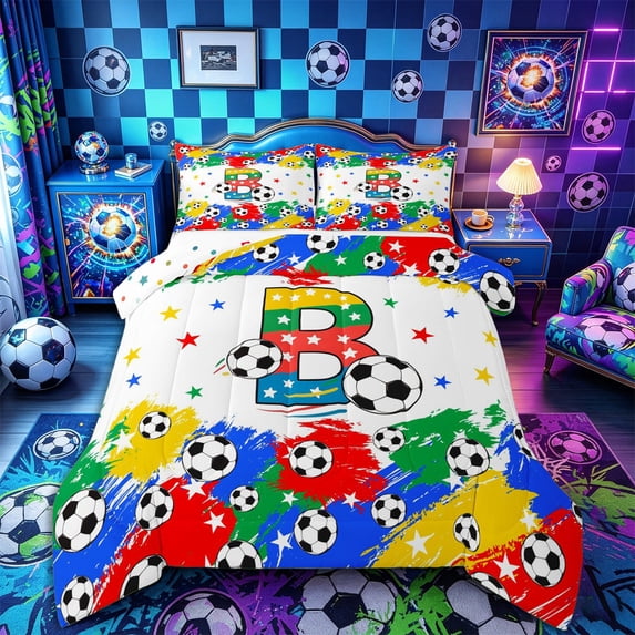 Castle Fairy Sport Soccer Initial B Queen Comforter Set 3 Pieces, Graffiti Splash Stars Print Comforter Sets Queen, Red Yellow Blue Green,1 Comforter and 2 Pillowcases