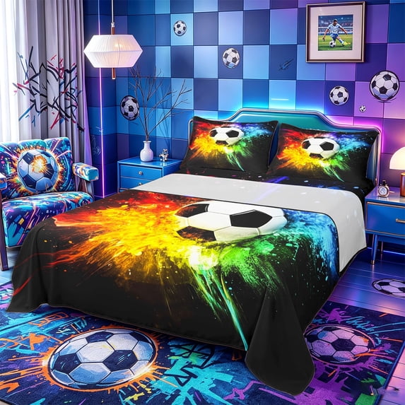 Castle Fairy Sport Soccer King Sheets 4pcs, Rainbow Splatter Pattern Bedding, Black Red Green,1 Fitted Sheet, 1 Flat Sheet and 2 Pillowcases