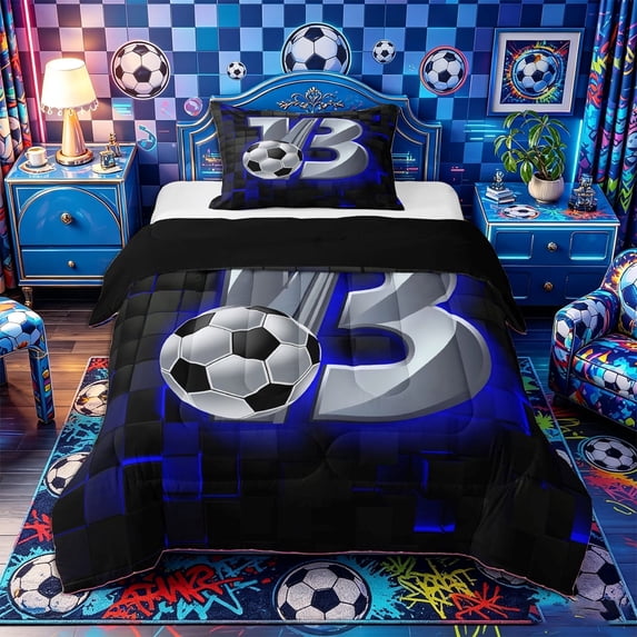Castle Fairy Sport Soccer Print Twin Comforter Sets 2pcs, Futuristic Letter B Bedding Set, Silver Black Blue,Black Reversible,1 Comforter and 1 Pillowcase