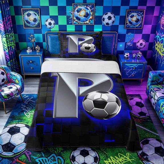 Castle Fairy Sport Soccer Print Twin Sheets 3pcs, Futuristic Letter P Bedding, Silver Black Blue,1 Fitted Sheet, 1 Flat Sheet and 1 Pillowcase