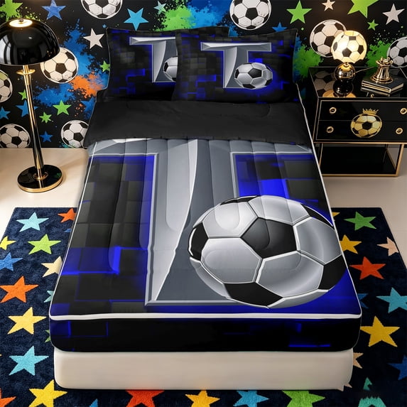 Castle Fairy Sport Soccer Print Zipper Full Size Comforter Sets with Fitted Sheet and 2 Pillowcases, Futuristic Letter T Zipper Bedding Set, Silver Black Blue,4pcs,Black Reversible