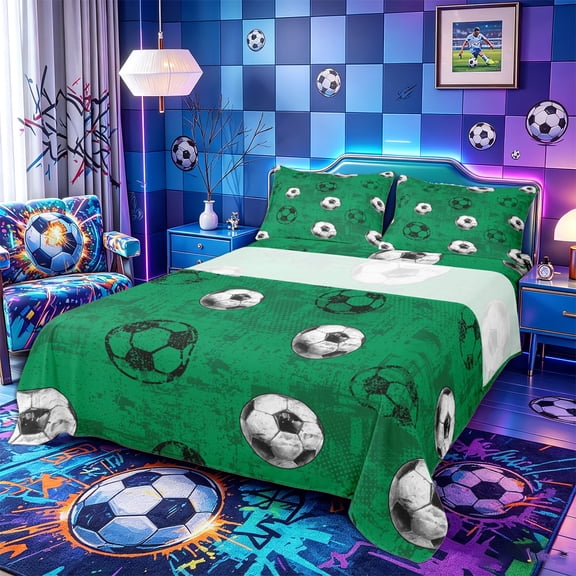 Castle Fairy Sport Soccer Queen Sheets 4 Pieces, Vintage Ball Game Queen Sheet Sets, Green Black,1 Fitted Sheet, 1 Flat Sheet and 2 Pillowcases