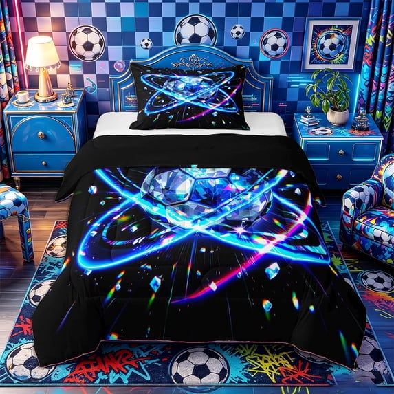 Castle Fairy Sport Soccer Twin Comforter Sets 2pcs, Abstract Crystal Football Bedding Set, Black Blue White,Black Reversible,1 Comforter and 1 Pillowcase