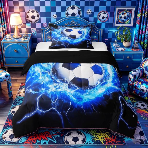 Castle Fairy Sport Soccer Twin Comforter Sets 2pcs, Abstract Lightning Bedding Set, Blue Black,Black Reversible,1 Comforter and 1 Pillowcase