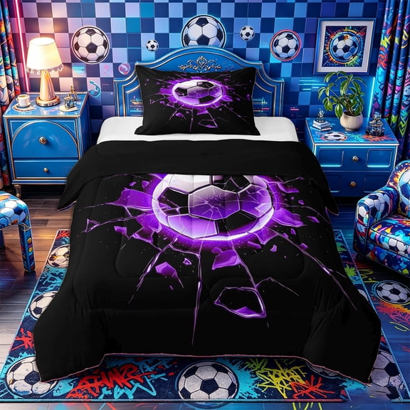 Castle Fairy Sport Soccer Twin Comforter Sets 2pcs, Gradient Shattered Pattern Bedding Set, Black Purple,Black Reversible,1 Comforter and 1 Pillowcase