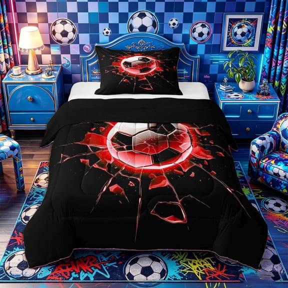 Castle Fairy Sport Soccer Twin Comforter Sets 2pcs, Gradient Shattered Pattern Bedding Set, Black Red White,Black Reversible,1 Comforter and 1 Pillowcase