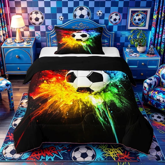 Castle Fairy Sport Soccer Twin Comforter Sets 2pcs, Rainbow Splatter Pattern Bedding Set, Black Red Green,Black Reversible,1 Comforter and 1 Pillowcase