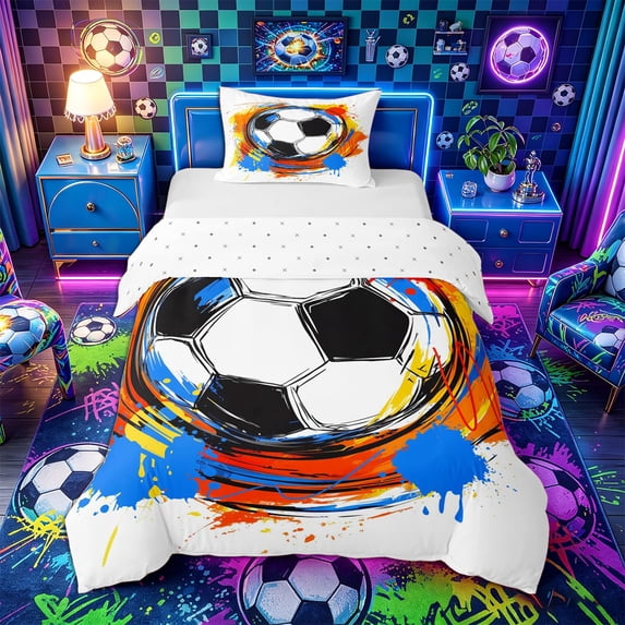 Castle Fairy Sport Soccer Twin Duvet Cover, Graffiti Splash Twin Bedding, Blue Orange,2pcs,1 Duvet Cover and 1 Pillowcase