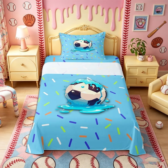 Castle Fairy Sport Soccer Twin Sheets 3pcs, Blue Ice Cream Drip Bedding,1 Fitted Sheet, 1 Flat Sheet and 1 Pillowcase