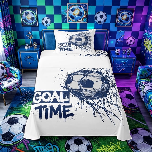 Castle Fairy Sport Soccer Twin Sheets 3pcs,Goal Time Bedding,1 Fitted Sheet, 1 Flat Sheet and 1 Pillowcase
