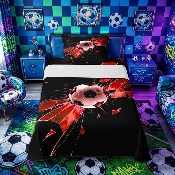 Castle Fairy Sport Soccer Twin Sheets 3pcs, Gradient Shattered Pattern Bedding, Black Red White,1 Fitted Sheet, 1 Flat Sheet and 1 Pillowcase