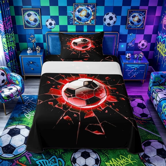 Castle Fairy Sport Soccer Twin Sheets 3pcs, Gradient Shattered Pattern Bedding, Black Red White,1 Fitted Sheet, 1 Flat Sheet and 1 Pillowcase