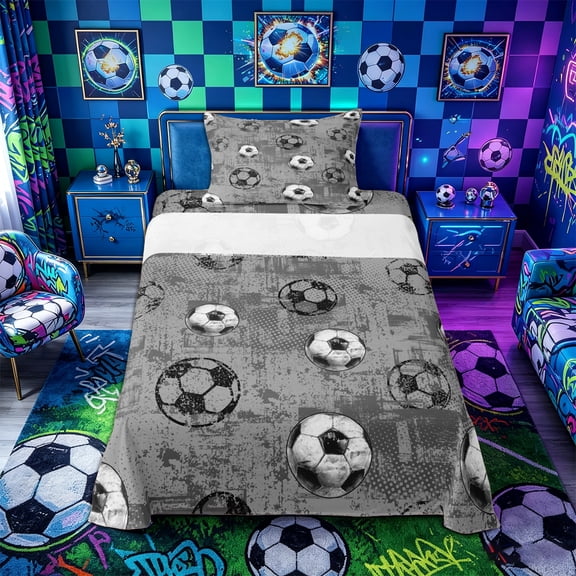 Castle Fairy Sport Soccer Twin Sheets 3pcs, Vintage Ball Game Bedding, Gray Black White,1 Fitted Sheet, 1 Flat Sheet and 1 Pillowcase